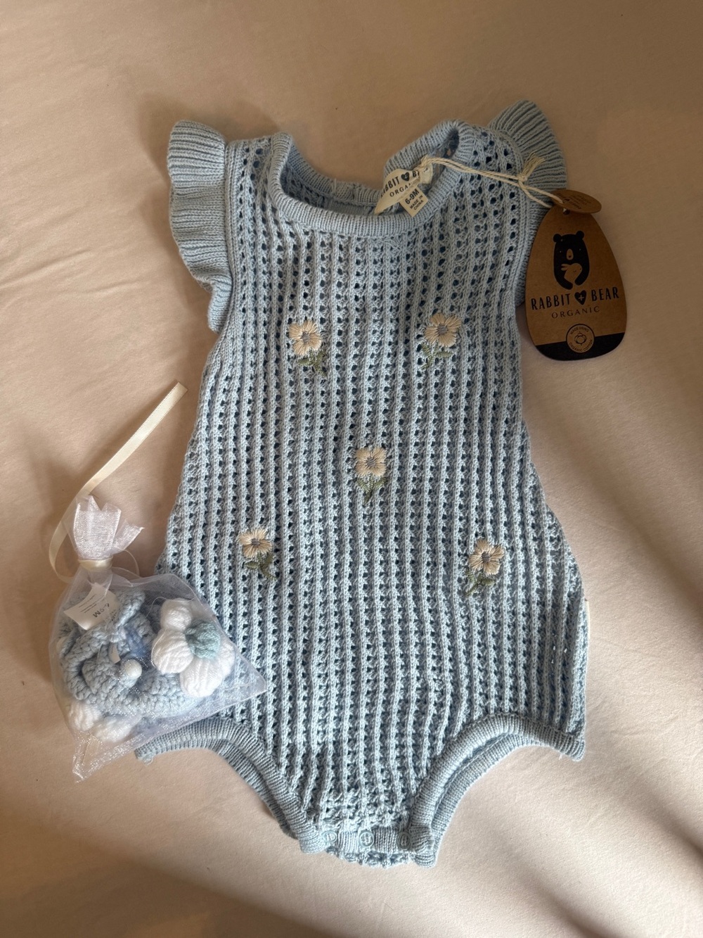 Rabbit & Bear Organic Light Blue Knit Floral Baby Romper